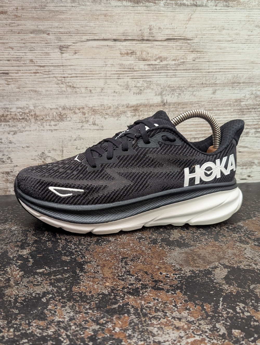 Womens Hoka One One Clifton 9 Running Shoes Sz 6.5 Used Black Mesh